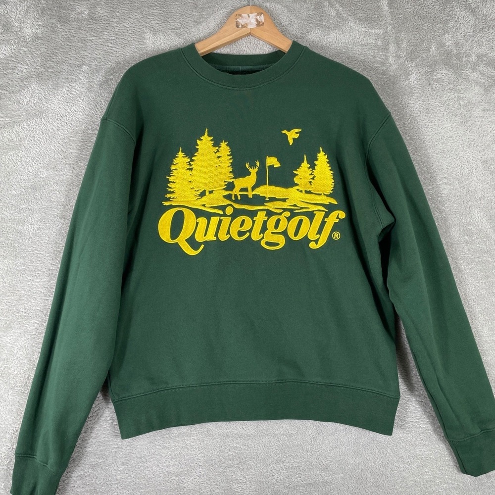 Quiet Golf Club Sweatshirt Mens Small Green Yellow Embroidered Deer Nature Logo
